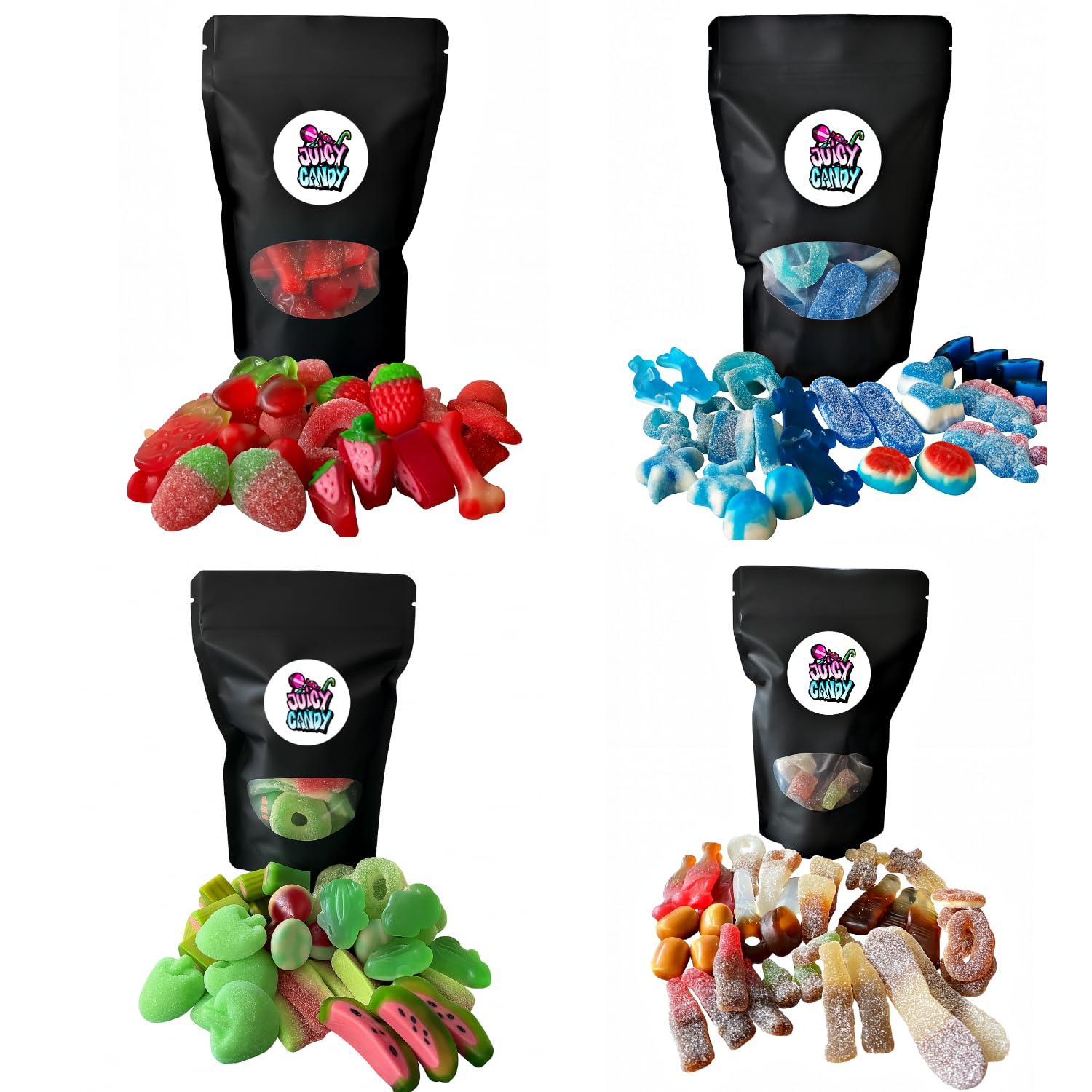 Bunte Tüten – Süßigkeiten Mix Blau, Rot, Grün, Cola 800g (4x200g) – JUICY CANDY